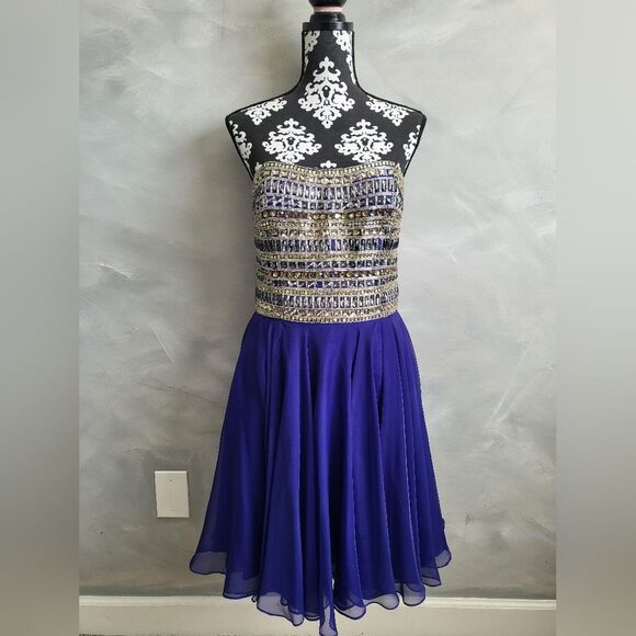 Sherri Hill Purple Rhinestone Strapless Chiffon Mini Gown Dress Size 12 - Picture 1 of 16